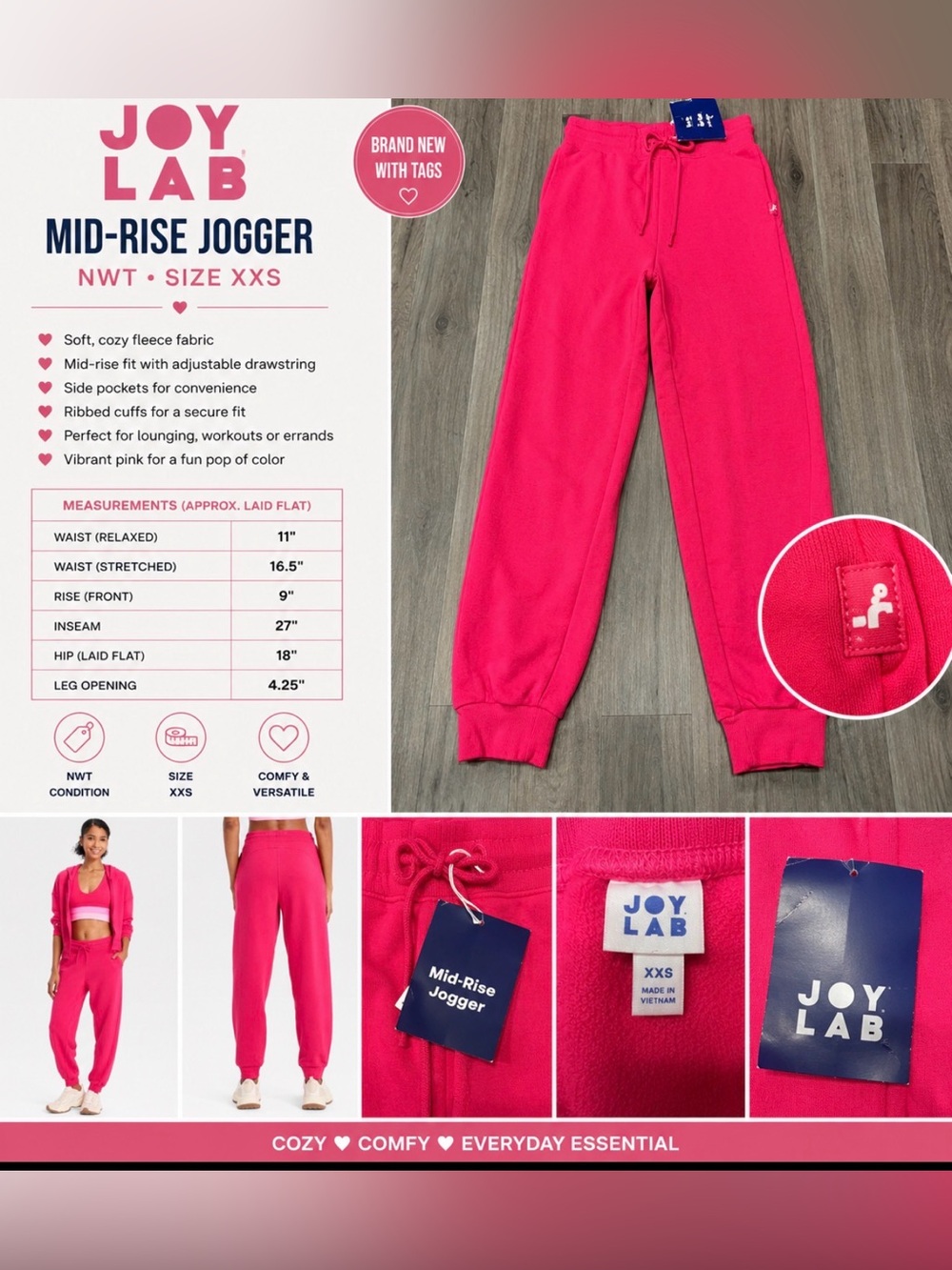 JoyLab Hot Pink Mid-Rise Fleece Joggers